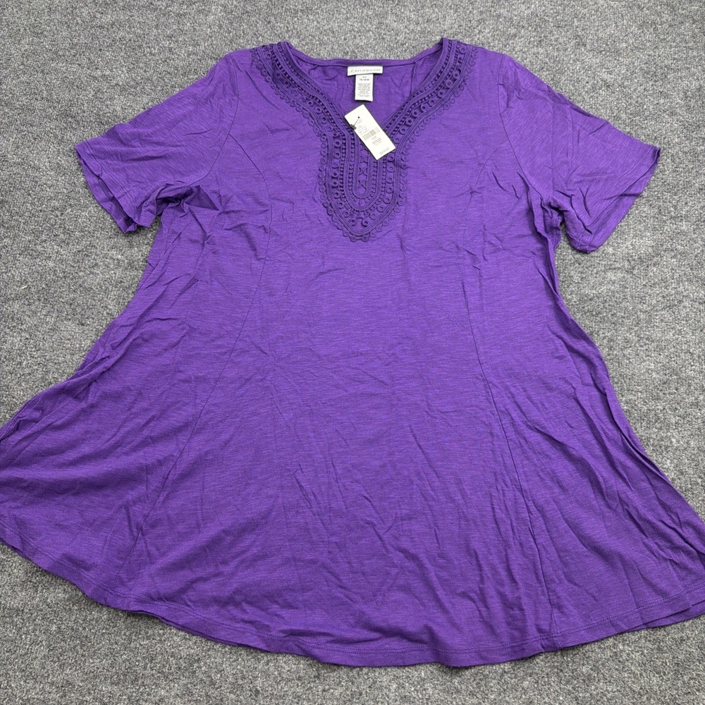 Catherines Top Womens 0X Plus Purple Knit Tunic Crochet Lace Neck Short Sleeve